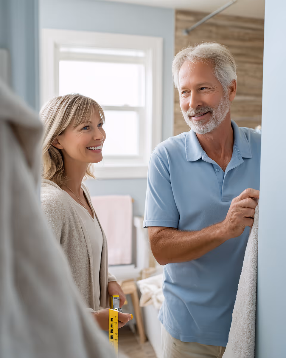Construction professional measuring bathroom safety details during a home evaluation