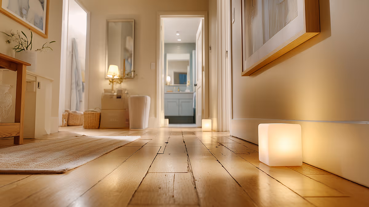 A softly lit hallway showing a clear nighttime path to the bathroom